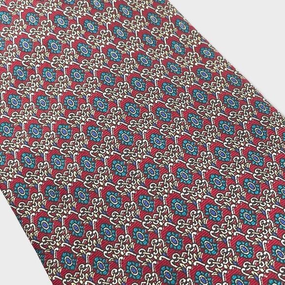 Neiman Marcus Silk Tie Burgundy and Aqua Medallion Pattern Handmade in Italy - Picture 11 of 11